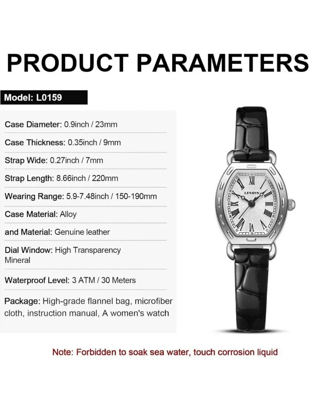 Ln Lenqin Womens Black And Silver Analog Quartz Leather Strap Waterproof Watch